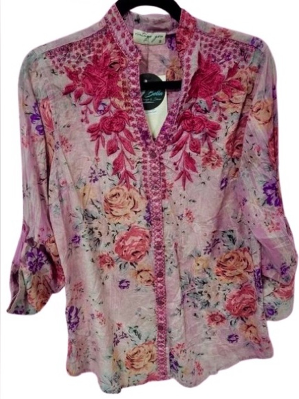 NWT 100% Cotton Floral VINTAGE GOA Shirt Top Blouse Boho Cottage SM Floral Rose